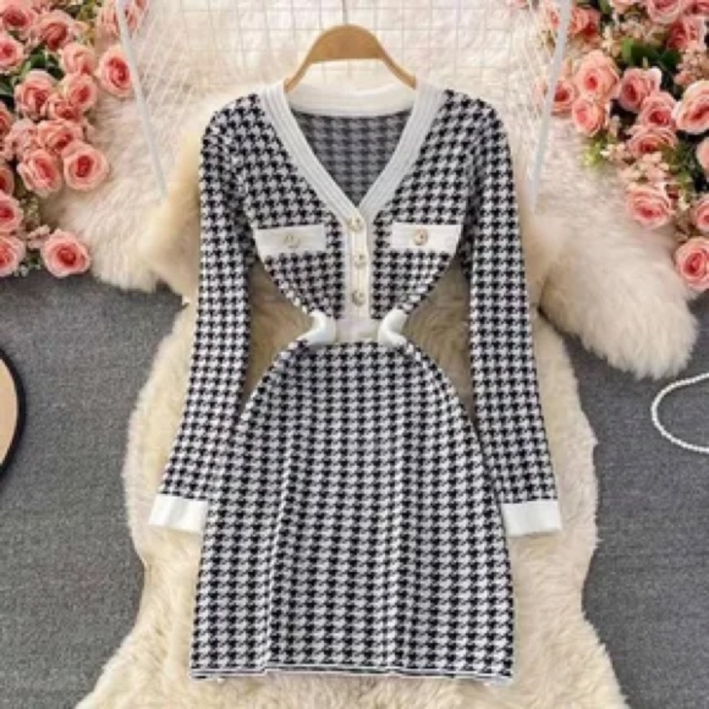Black and White Houndstooth Knit Dress